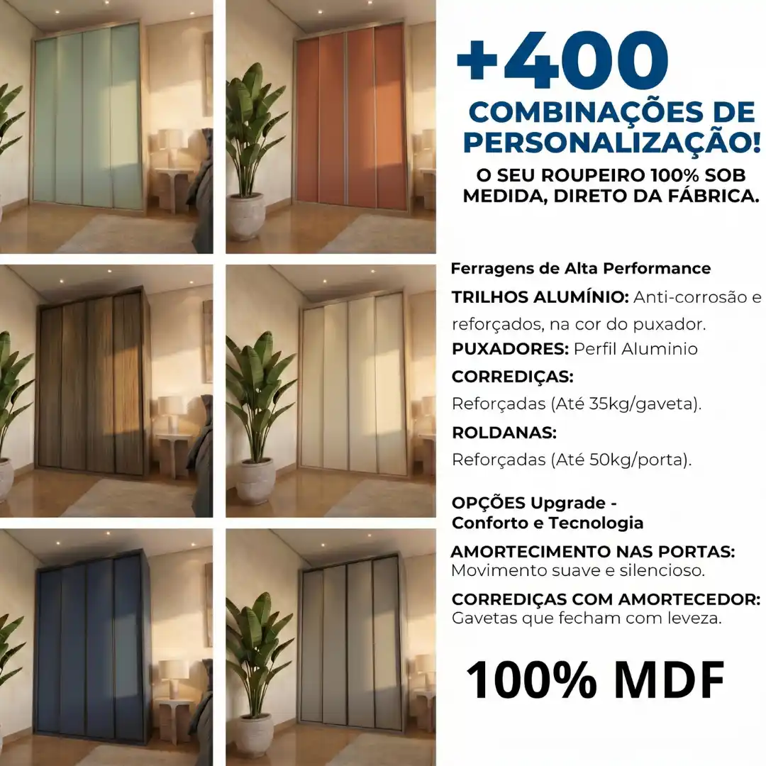 guarda-roupa sob medida 4 portas de correr monaco mais de 400 combinacoes cores personalizado direto da fabrica