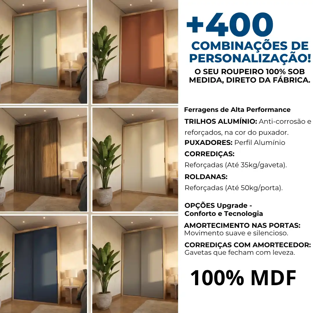 Guarda-roupa planejado Milano fabricado 100% em MDF com mais de 400 combinações de personalização.