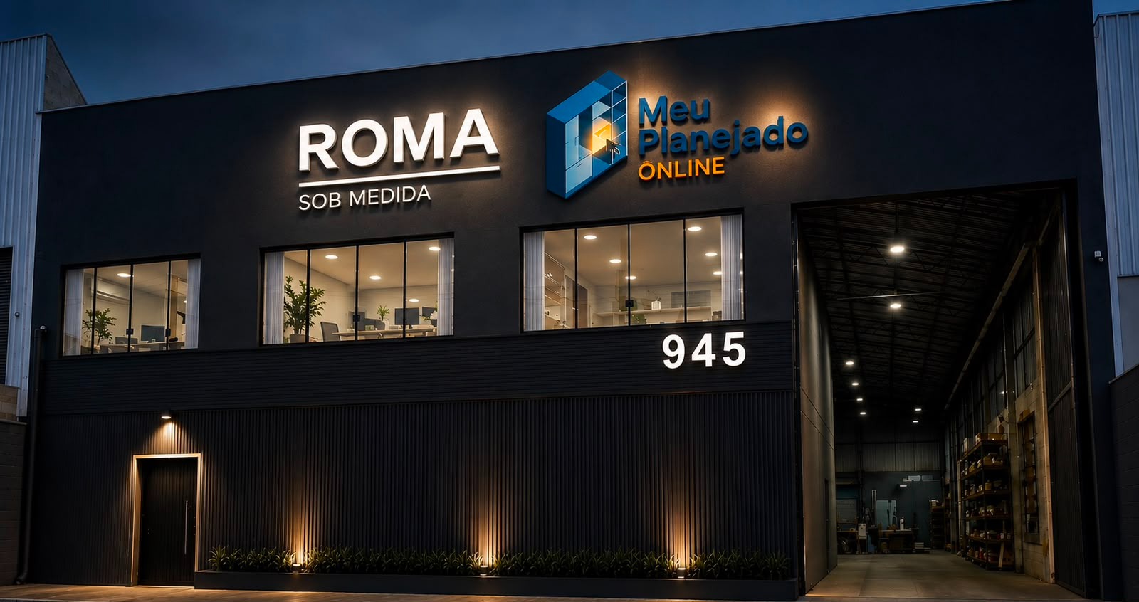 Fachada da fábrica Meu Planejado Online — Grupo Roma, Londrina-PR