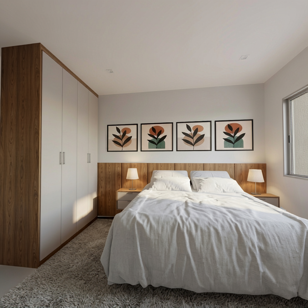 Quarto de casal planejado completo com guarda-roupa sob medida