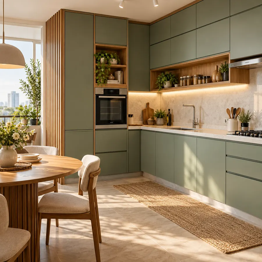 Cozinha planejada verde em ambiente decorado