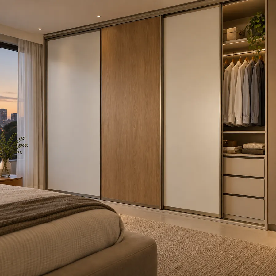 Guarda-roupa sob medida com portas de correr em quarto decorado