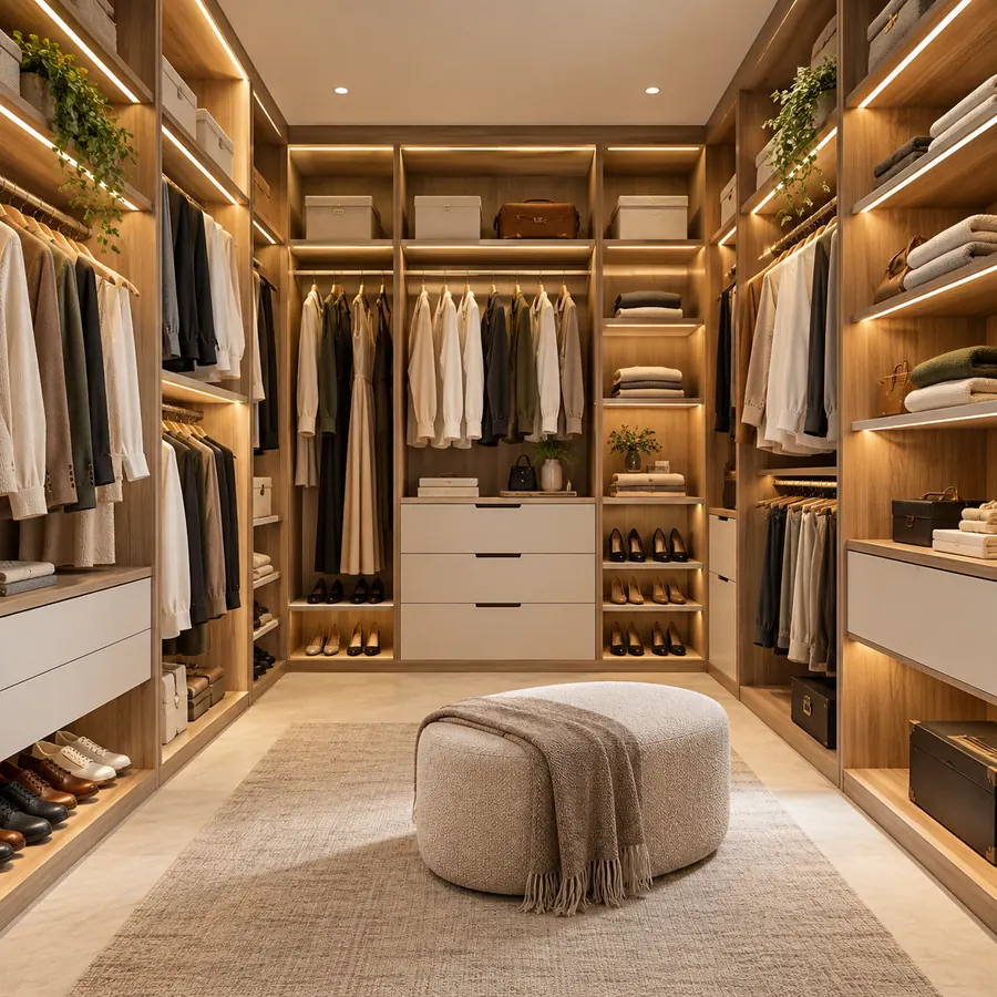 Closet aberto sob medida com gavetas, cabideiros e sapateiras