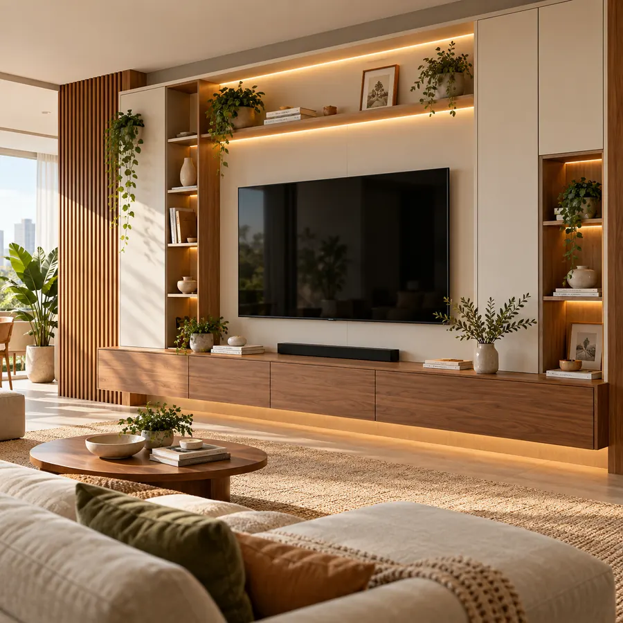 Home sala planejado com painel de TV e armários sob medida
