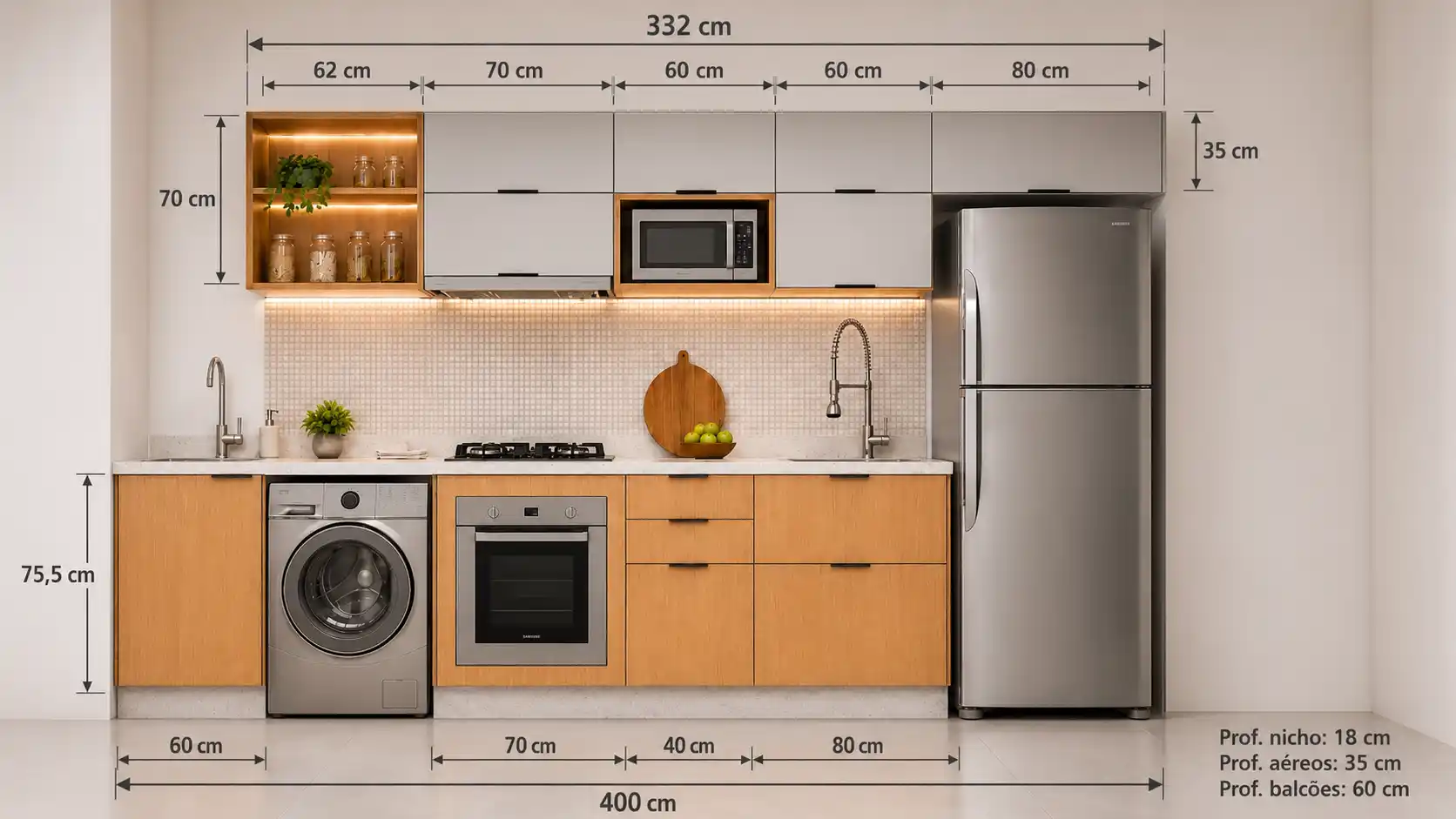 Cozinha Planejada Linare com  4 Metros em MDF 15 mm e Lavanderia Integrada
