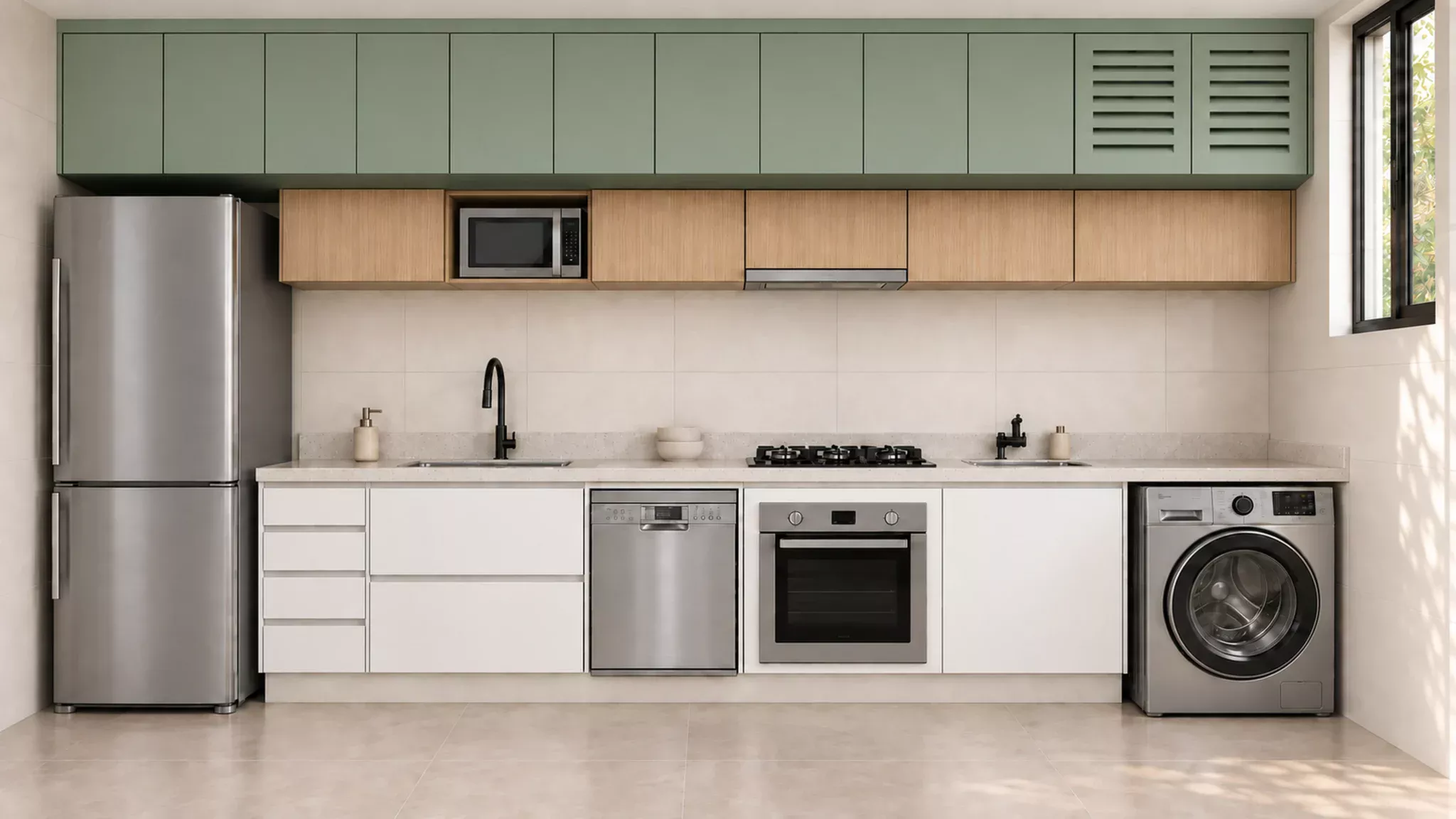 Cozinha Planejada Continental com 4,72 Metros em MDF 18 mm e Lavanderia Integrada