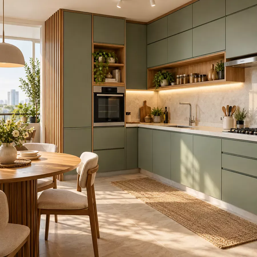 Cozinha planejada verde em ambiente decorado