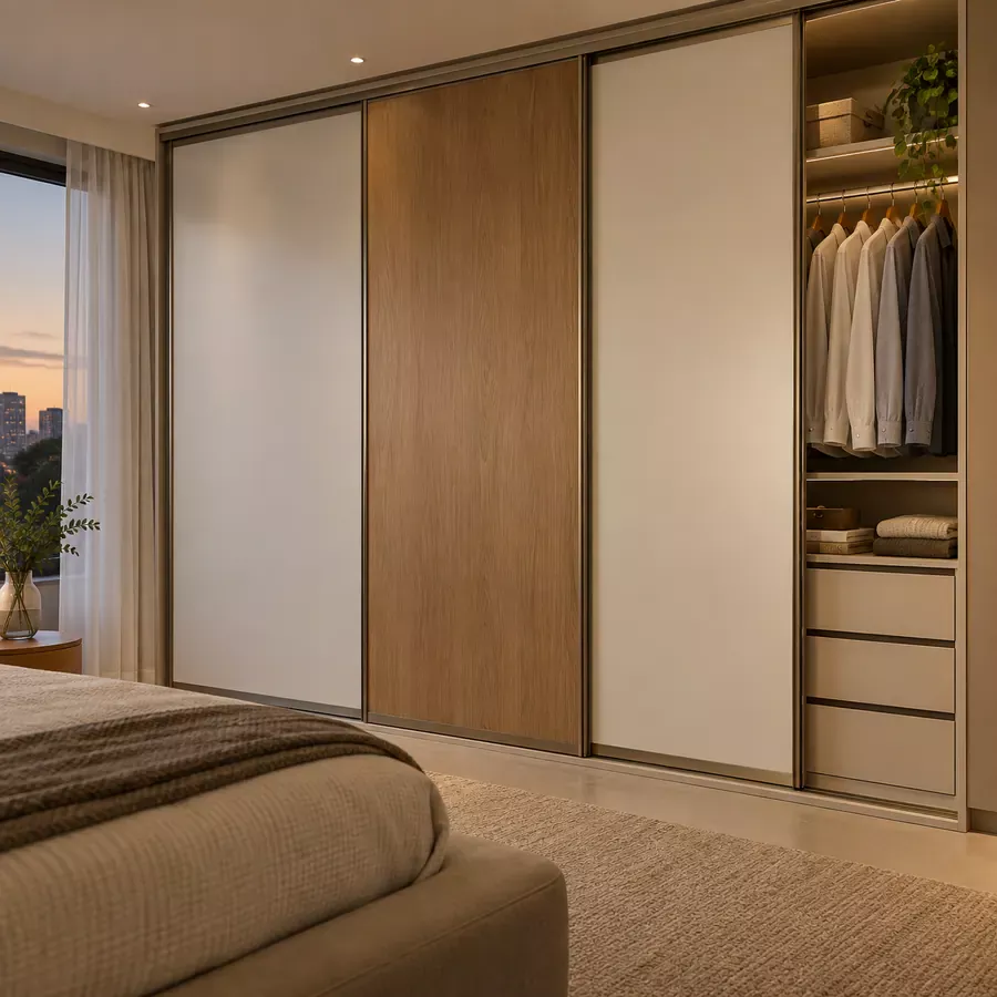 Guarda-roupa sob medida com portas de correr em quarto decorado