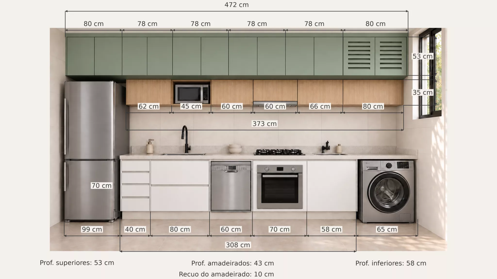 Cozinha Planejada Continental com 4,72 Metros em MDF 18 mm e Lavanderia Integrada