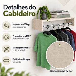 Cabideiro de Parede Suspenso Arara para Roupas em MDF 50 cm