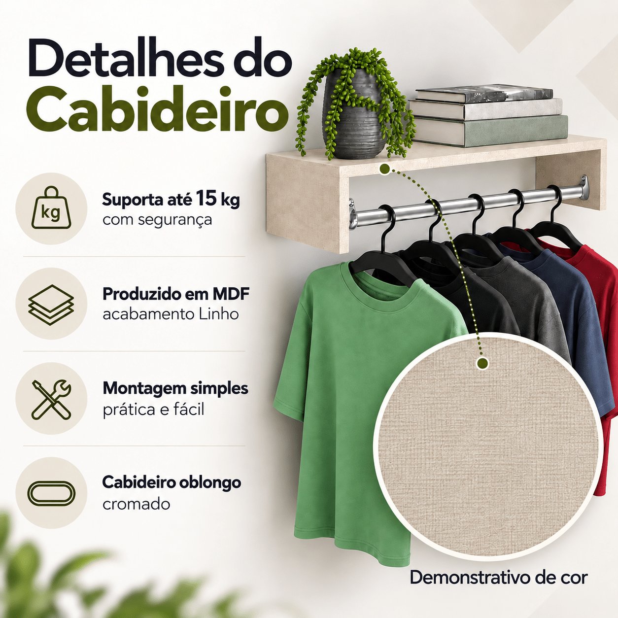 Cabideiro de Parede Suspenso Arara para Roupas em MDF 50 cm